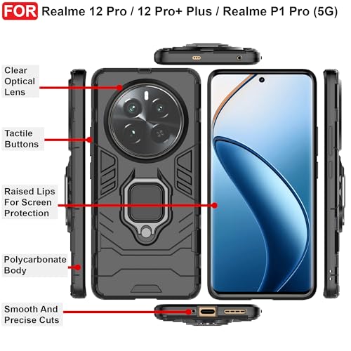 CEDO Kickstand Cover for Realme 12 Pro/ 12 Pro+ Plus/Realme P1 Pro (5G) Rugged Case | Built-in Stand Rotating Ring Holder | Military Grade Armor Bumper Back Cover (Black) - Image 3