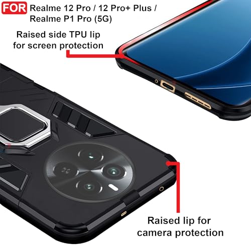 CEDO Kickstand Cover for Realme 12 Pro/ 12 Pro+ Plus/Realme P1 Pro (5G) Rugged Case | Built-in Stand Rotating Ring Holder | Military Grade Armor Bumper Back Cover (Black) - Image 4