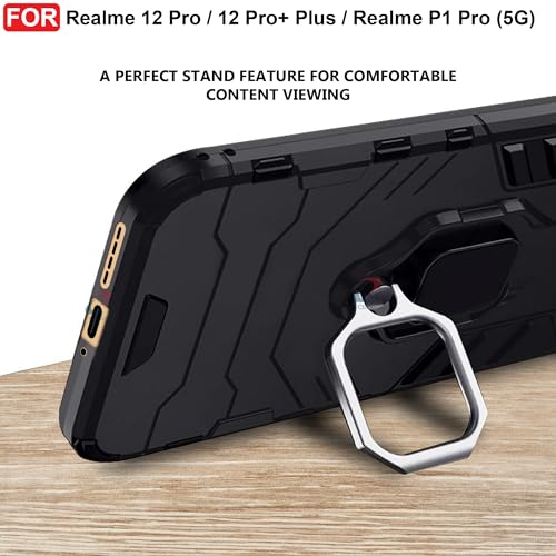 CEDO Kickstand Cover for Realme 12 Pro/ 12 Pro+ Plus/Realme P1 Pro (5G) Rugged Case | Built-in Stand Rotating Ring Holder | Military Grade Armor Bumper Back Cover (Black) - Image 5