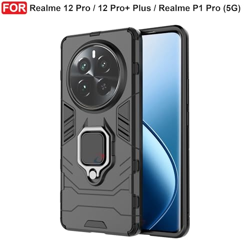 CEDO Kickstand Cover for Realme 12 Pro/ 12 Pro+ Plus/Realme P1 Pro (5G) Rugged Case | Built-in Stand Rotating Ring Holder | Military Grade Armor Bumper Back Cover (Black) - Image 2