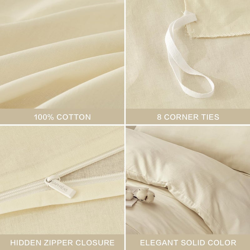 SAPHREAS 100% Washed Cotton Duvet Cover Queen Size Set, Linen Like Comforter Cover with Zipper Closure & Corner Ties (No Comforter), 90x90 Cream - Image 5