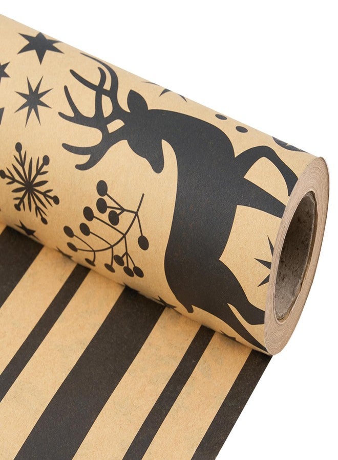 EWES Kraft Christmas Wrapping Paper Brown Black Rolls Vintage Reindeer Tree Thick Aesthetic Elegant Gift Wrap Sheets Retro Rustic Heavy Duty Reversible Neutral Recyclable Total 28.5sq.ft - Image 1
