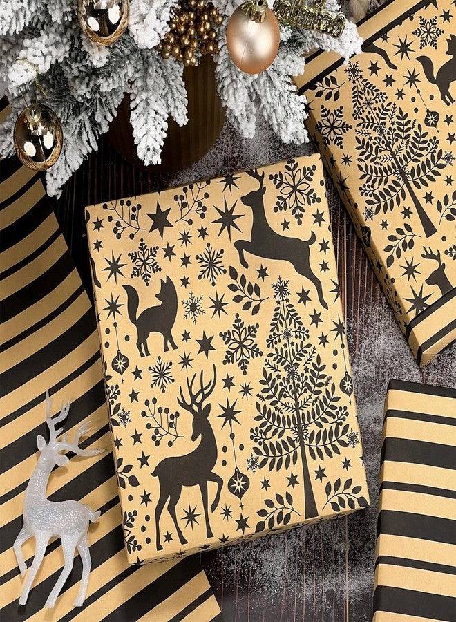 EWES Kraft Christmas Wrapping Paper Brown Black Rolls Vintage Reindeer Tree Thick Aesthetic Elegant Gift Wrap Sheets Retro Rustic Heavy Duty Reversible Neutral Recyclable Total 28.5sq.ft - Image 3