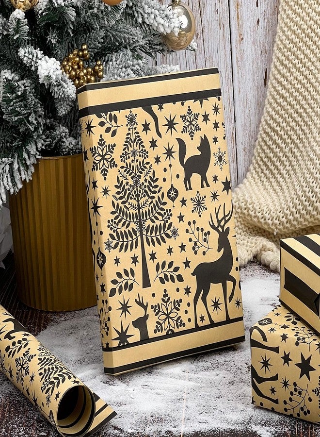 EWES Kraft Christmas Wrapping Paper Brown Black Rolls Vintage Reindeer Tree Thick Aesthetic Elegant Gift Wrap Sheets Retro Rustic Heavy Duty Reversible Neutral Recyclable Total 28.5sq.ft - Image 4