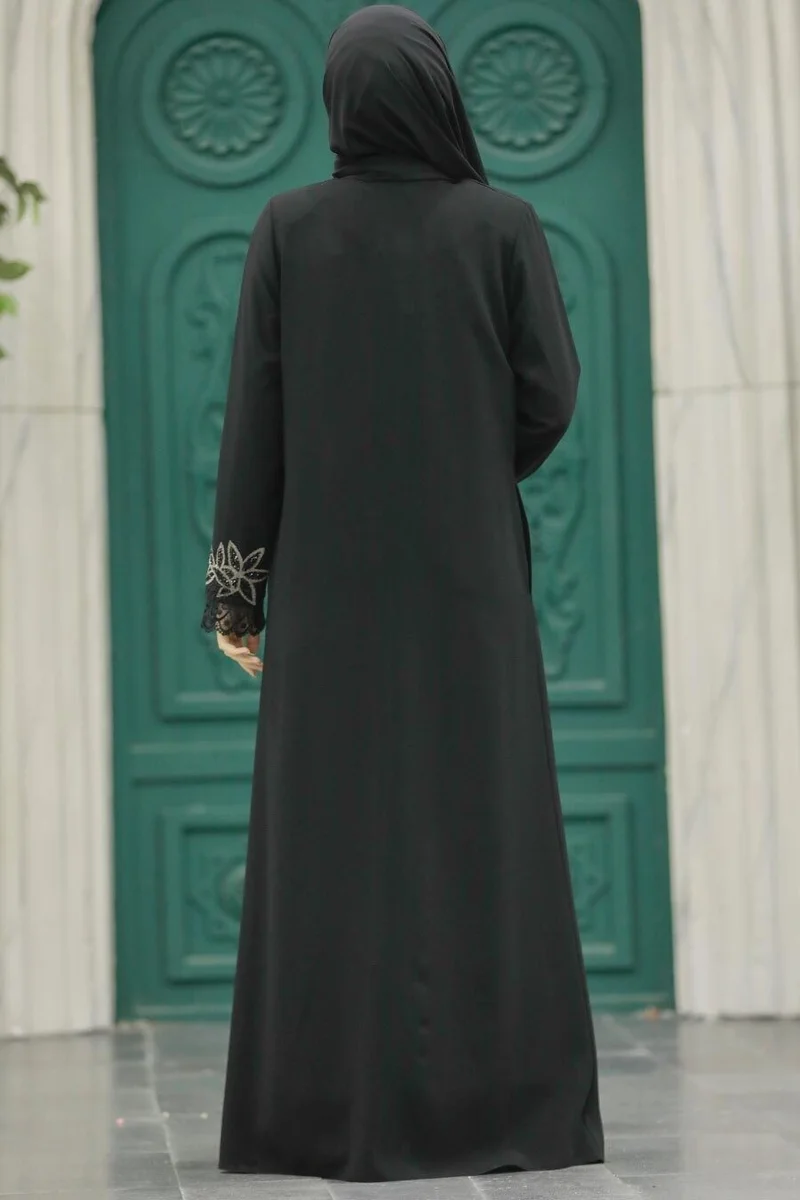 Neva Style - Black Hijab Abaya with Flower Detail 62533S