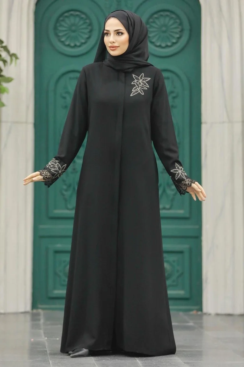 Neva Style - Black Hijab Abaya with Flower Detail 62533S