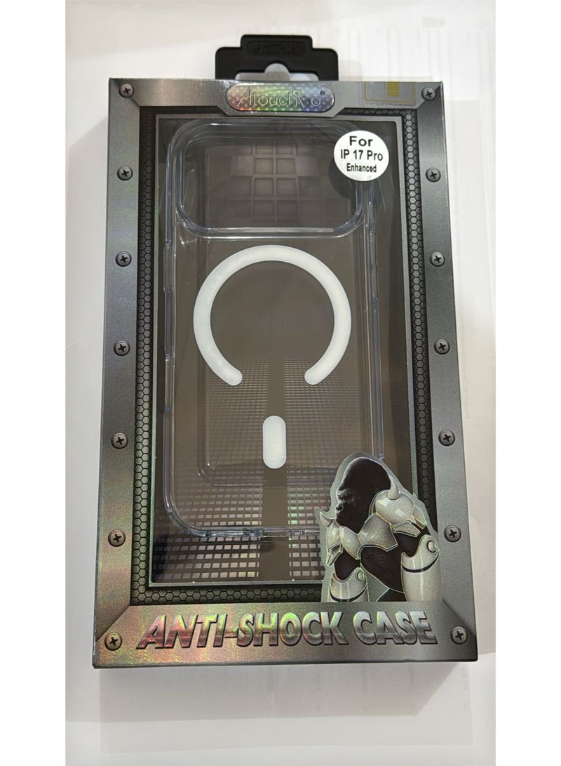 Atouchbo iPhone 17 Pro Clear shockproof case with built-in magnetic ring for car mounts and magnetic holders Elegant lightweight cover with anti-yellowing protection. A premium clear phone case made of soft TPU and hard PC for strong protection against drops, bumps, and scratches. Comes with a magnetic ring holder, allowing perfect compatibility with magnetic car mounts and stands. Anti-yellowing coating keeps the case crystal clear for a long time.