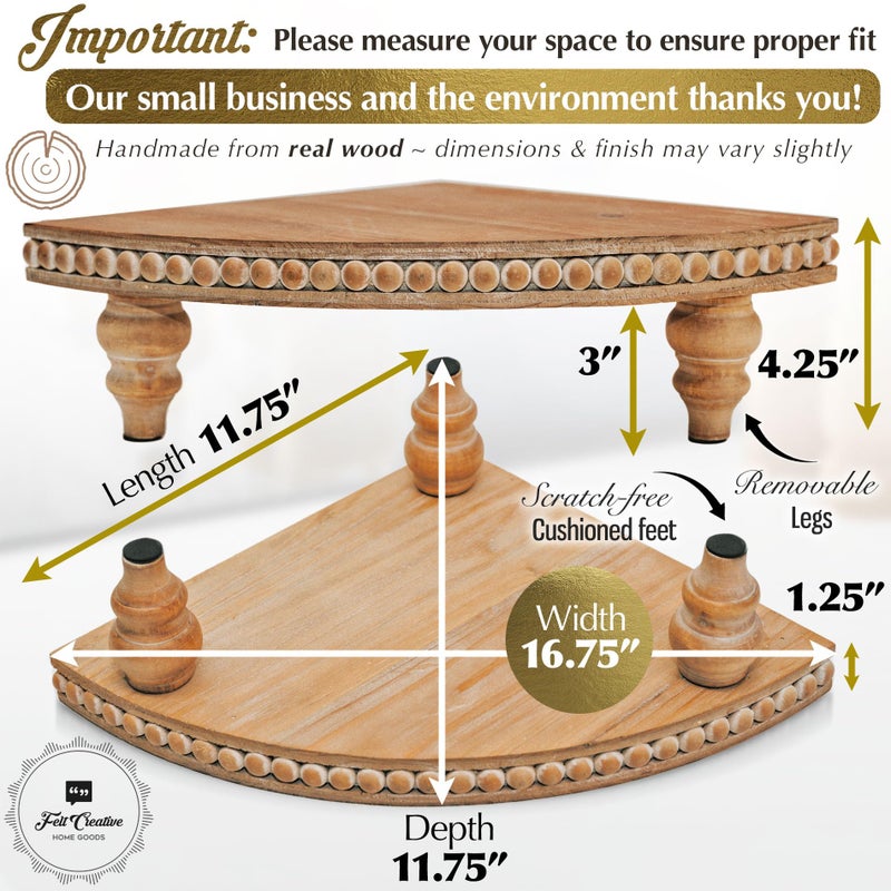 Felt Creative Home Goods Farmhouse Corner Shelf Stand [with Removable Feet] - Bathroom Countertop Organizer, Decorative Tray Riser, Beaded Wooden Tray, Corner Tray Plant Stand, Coffee Bar Organizer for Kitchen Countertop - Image 2