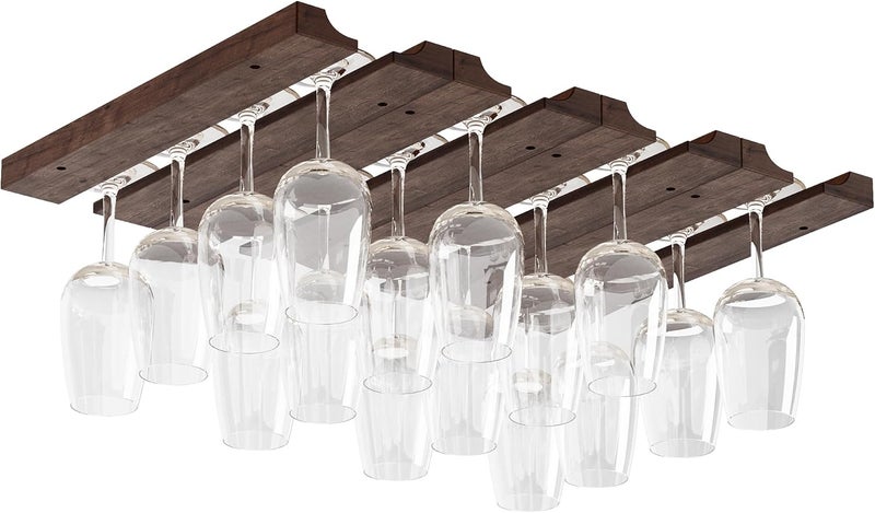 Rustic State Vigo 4 Sectional Adjustable Under Cabinet Mount Wood Stemware Rack Hanging Shelf Glassware Holder Bar Organizer with up to 12 Wine Glass Storage 12 Inch Deep Chestnut - Image 1