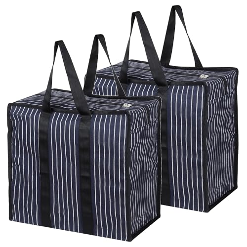 SHIBUI Multipurpose Extra Large Big Heavy Duty Storage Organizer Reusable Canvas Shopper Bag With Strong Handles And Base Covers Zip (Pack Of 2, Navynavy Blue) - Image 1