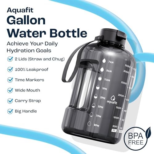AQUAFIT 1 Gallon Water Bottle with Time Marker - Straw & Chug Lid - BPA Free Gym Water Bottle with Straw - Big Gallon Jug (Galaxy, 128 oz - 2 Lids) - Image 2