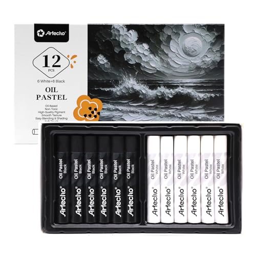 Artecho Oil Pastels Set of 12 PCS, 6 White and 6 Black, Crayons for Art Painting, Drawing, Blending (10 x 70 mm) - Image 1