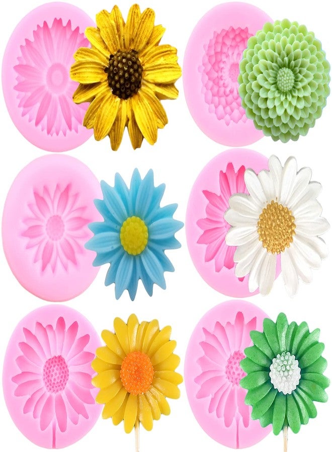 Mujiang Chrysanthemum Flower Silicone Mold Daisy Flower Fondant Molds Sunflower Fondant Molds For Cake Decoration Cupcake Topper Candy Polymer Clay Chocolate Gum Paste Set Of 6 - Image 1