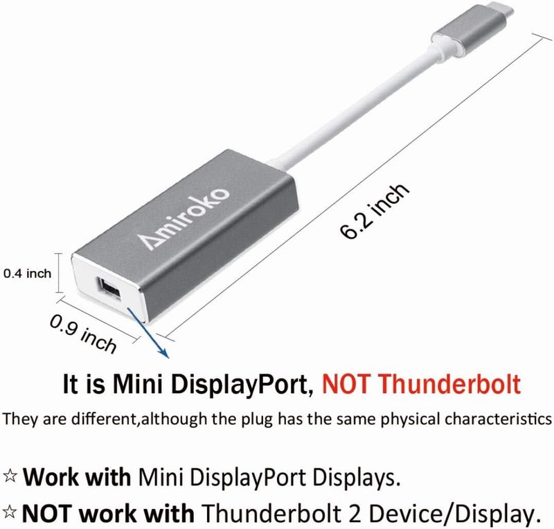 Amiroko USB-C to Mini DisplayPort Adapter, USB 3.1 Type C (Thunderbolt 3) to Mini DP Adapter Support 4K, 1080P for MacBook Pro, Alienware, to LED Cinema Display/Dell Monitor etc, Gray - Image 2