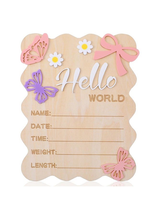 Ajcotahm Hello World Newborn Sign, 5.8 x 7.4 Inch Butterfly Daisy Baby Announcement Sign Wooden Bow Birth Welcome Board for Newborn Boys Girls Photo Props Baby Shower Hospital Nursery - Image 1