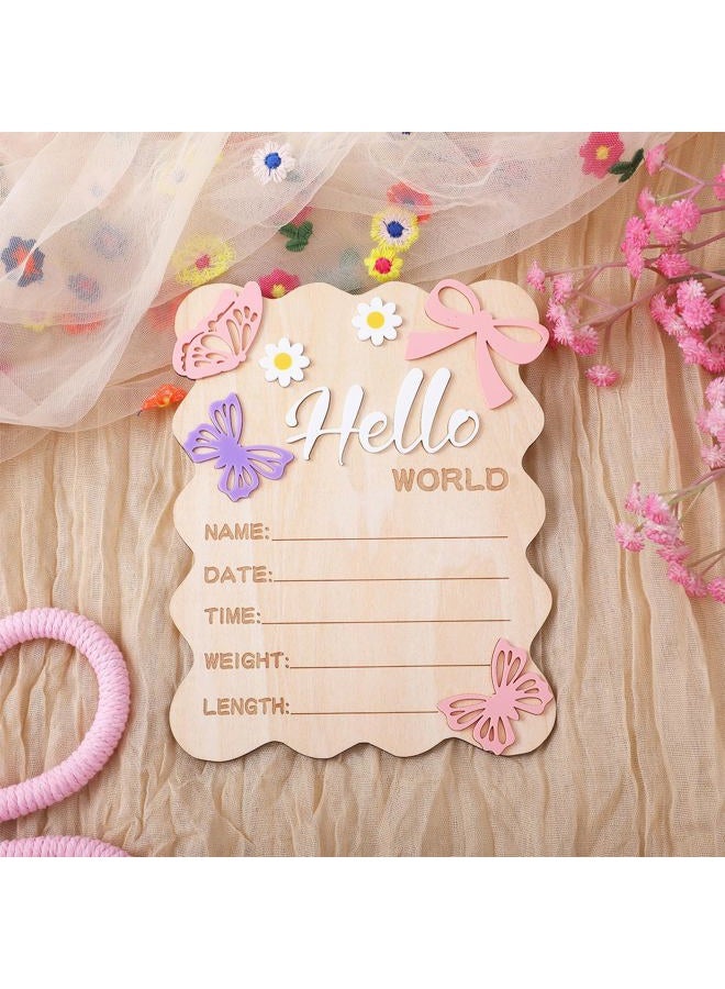 Ajcotahm Hello World Newborn Sign, 5.8 x 7.4 Inch Butterfly Daisy Baby Announcement Sign Wooden Bow Birth Welcome Board for Newborn Boys Girls Photo Props Baby Shower Hospital Nursery - Image 3