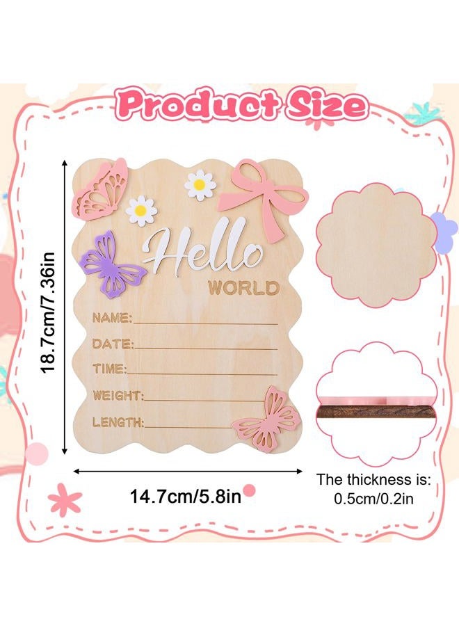 Ajcotahm Hello World Newborn Sign, 5.8 x 7.4 Inch Butterfly Daisy Baby Announcement Sign Wooden Bow Birth Welcome Board for Newborn Boys Girls Photo Props Baby Shower Hospital Nursery - Image 2