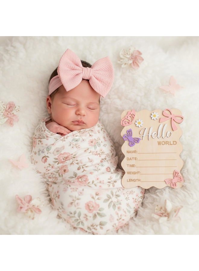 Ajcotahm Hello World Newborn Sign, 5.8 x 7.4 Inch Butterfly Daisy Baby Announcement Sign Wooden Bow Birth Welcome Board for Newborn Boys Girls Photo Props Baby Shower Hospital Nursery - Image 5