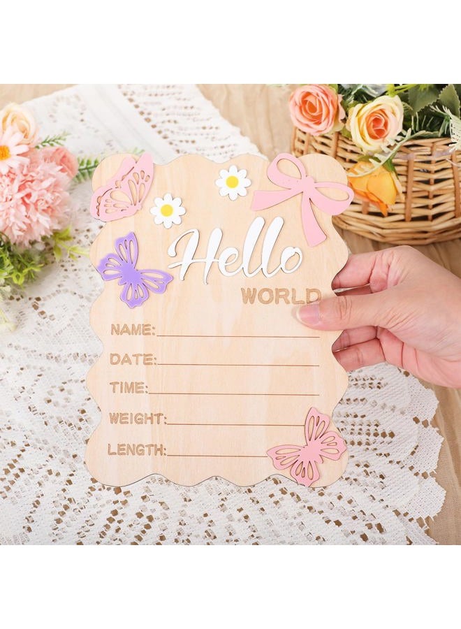 Ajcotahm Hello World Newborn Sign, 5.8 x 7.4 Inch Butterfly Daisy Baby Announcement Sign Wooden Bow Birth Welcome Board for Newborn Boys Girls Photo Props Baby Shower Hospital Nursery - Image 4