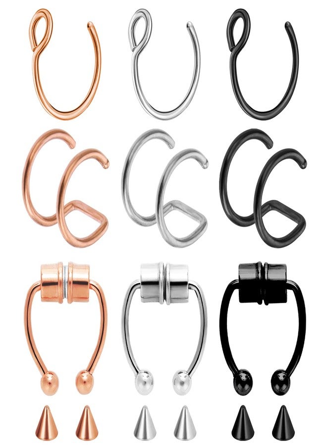 Yolev 9Pcs Fake Septum Piercings - Stainless Steel Double Hoop Nose Ring, Faux Septum Ring for Women - Image 1