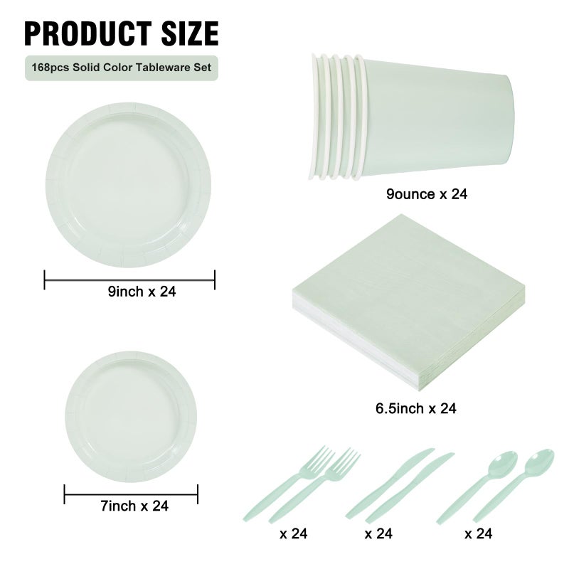 Ottin 168pcs Sage Green Paper Plates and Napkins Party Supplies Plastic Spoons Knives Forks Cup Disposable Decoration for Birthday Wedding Dinner Party Mother's Day Easter Garden - Image 1