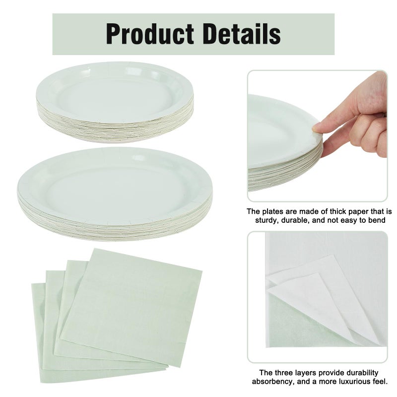 Ottin 168pcs Sage Green Paper Plates and Napkins Party Supplies Plastic Spoons Knives Forks Cup Disposable Decoration for Birthday Wedding Dinner Party Mother's Day Easter Garden - Image 2