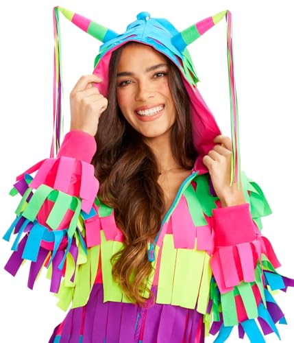 Tipsy Elves Halloween Costumes for Women Adult Hooded Long Sleeve Front Zipper Dress Womens Fun Costume Party Outfit - Fun and Cute Colorful Dress - Multicolored Pinata Costume Dress Size Large - Image 3