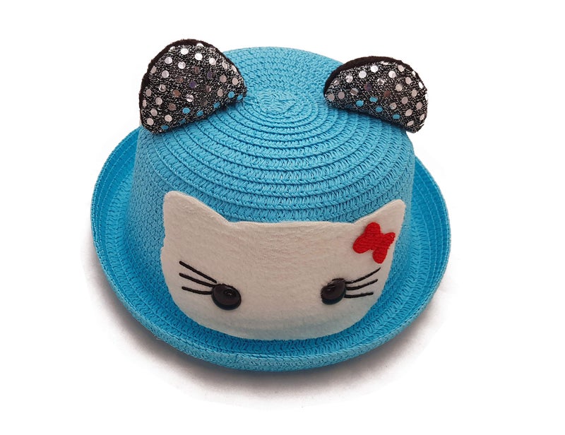 VRITRAZ Kids Kitty Hat, Summer Fashion Straw Bucket Cap, Suitable for 3-12 Years (Blue) - Image 2