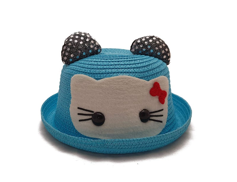 VRITRAZ Kids Kitty Hat, Summer Fashion Straw Bucket Cap, Suitable for 3-12 Years (Blue) - Image 1