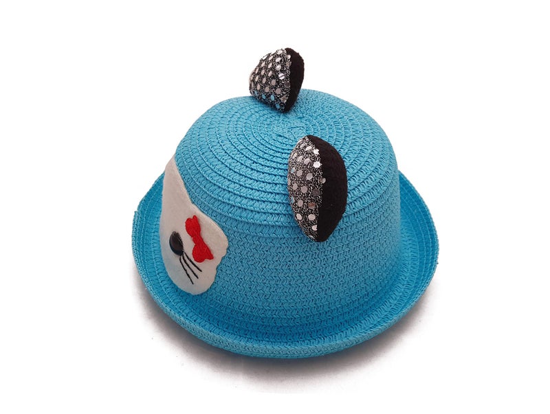 VRITRAZ Kids Kitty Hat, Summer Fashion Straw Bucket Cap, Suitable for 3-12 Years (Blue) - Image 3