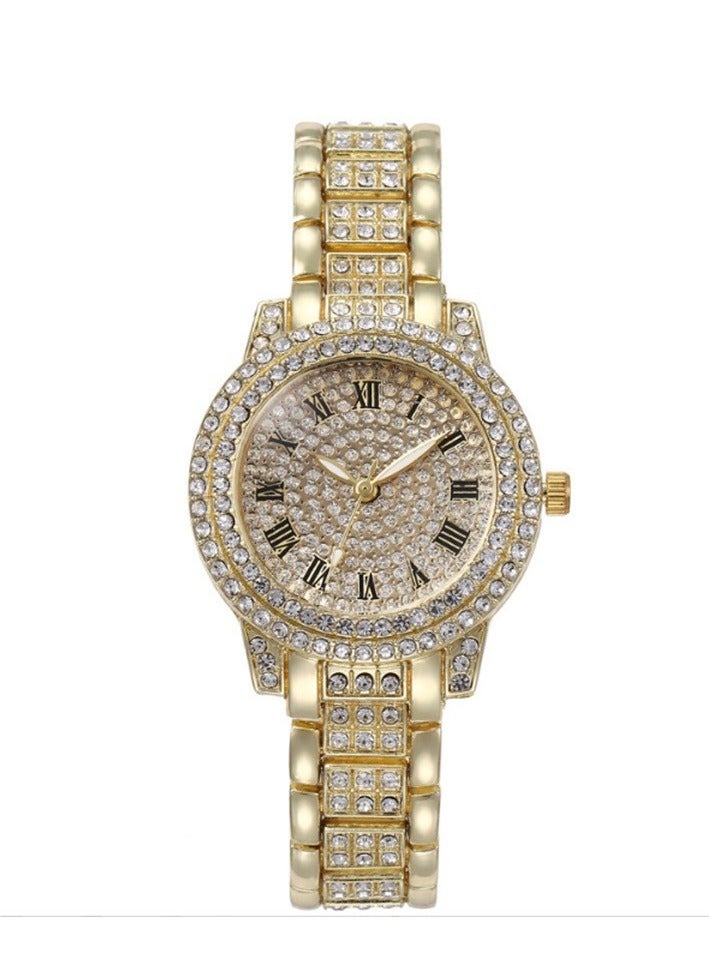 5pcs Rhinestone Watch Set Shiny Quartz Crystal Wrist Watch Luxury Diamond Shining Bling Watches with Stainless Steel Bracelet Gift for Women Girls Birthday (Gold) - Image 2