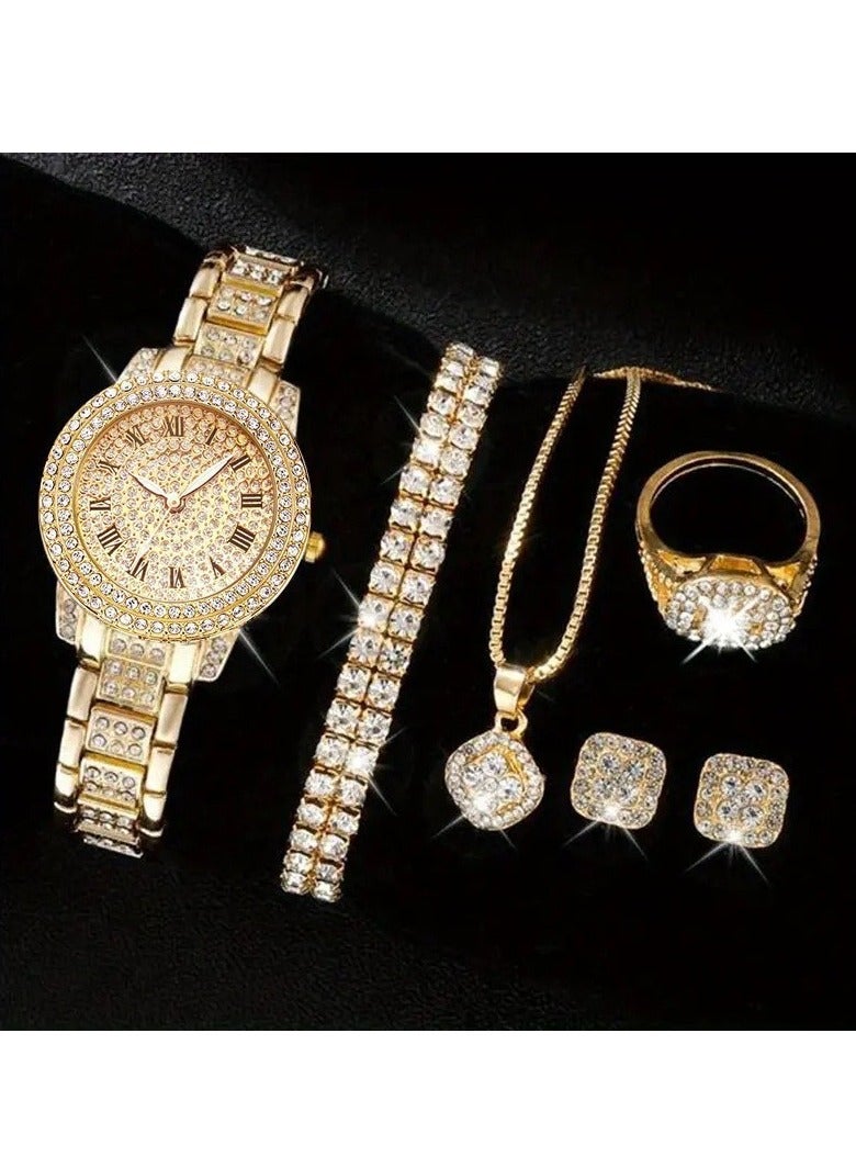 5pcs Rhinestone Watch Set Shiny Quartz Crystal Wrist Watch Luxury Diamond Shining Bling Watches with Stainless Steel Bracelet Gift for Women Girls Birthday (Gold) - Image 1