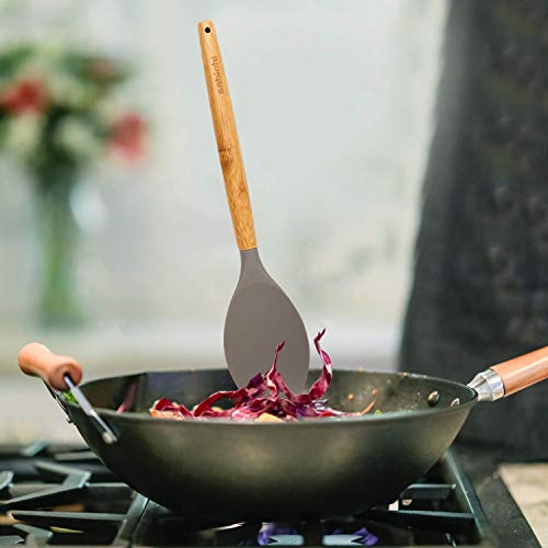 Sabichi Silicone Grey Head Spoon Spatula | Bamboo Handle Premium Non-Stick Kitchen Cookware | Heat Resistant Silicone Spoon - Image 5