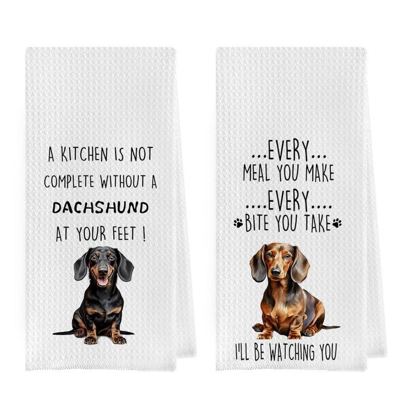 Geqtt Funny Dachshund Dish Towels Set - Dachshund Gifts Waffle Weave Kitchen Towels, Wiener Dog Decorative Hand Tea Towels for Bathroom Kitchen, Wiener Dog Gifts for Women (16Ã—24 Inches Set of 2) - Image 1