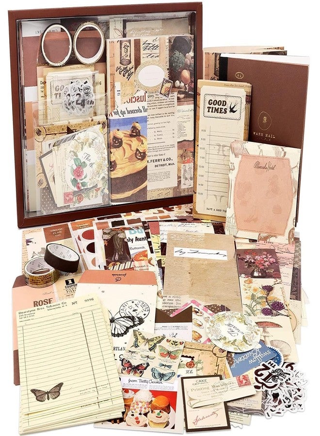 DADA FASHION Vintage Aesthetic Scrapbook Kit || Bullet Junk Journal Kit with Journaling,Scrapbooking Supplies || 346pcs Vintage Scrapbook Stickers || DIY Paper Stickers Craft Kits with A6 Notebook(Brown) - Image 1