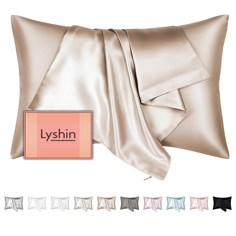 LYSHIN Mulberry Silk Pillow Cases Queen Size with Hidden Zipper  Ultra Smooth and Soft Breathable Cooling Silk Satin Pillowcase for Hair and Skin  Gifts for Women Men (Champagne  20x30 Inches  1 Pack) - Image 1