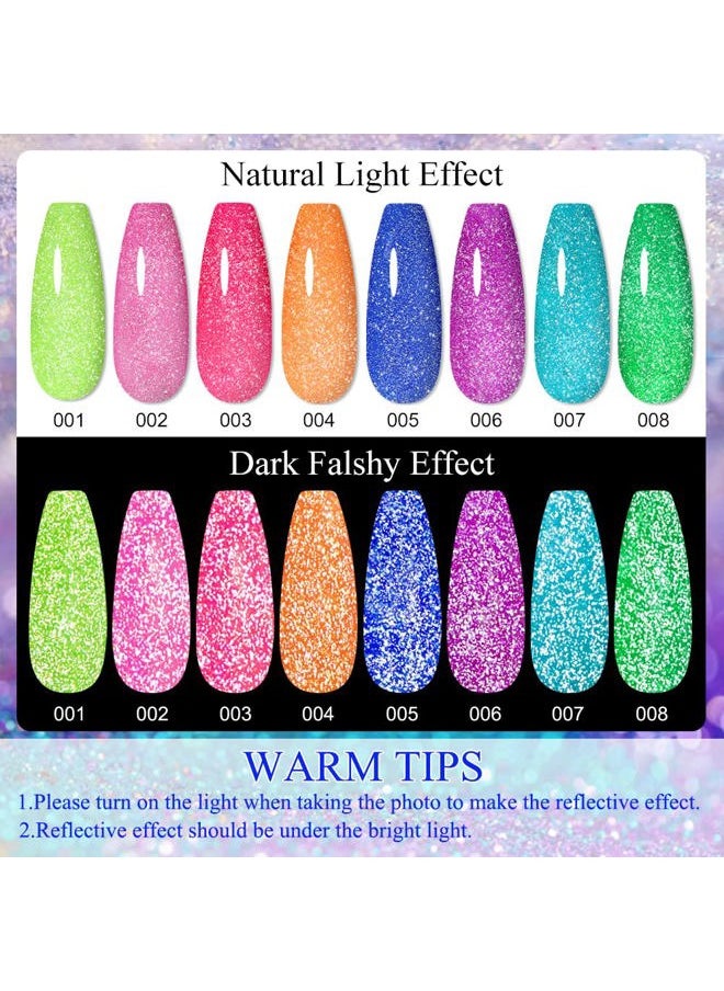 MIZHSE Neon Reflective Gel Polish Set,Sparkly Shiny Disco Shimmer Nail Polish Gel Kit Fluorescent Bright UV LED Soak Off Glitter Nail Gel Polish for DIY Nail Art Salon  - Image 2