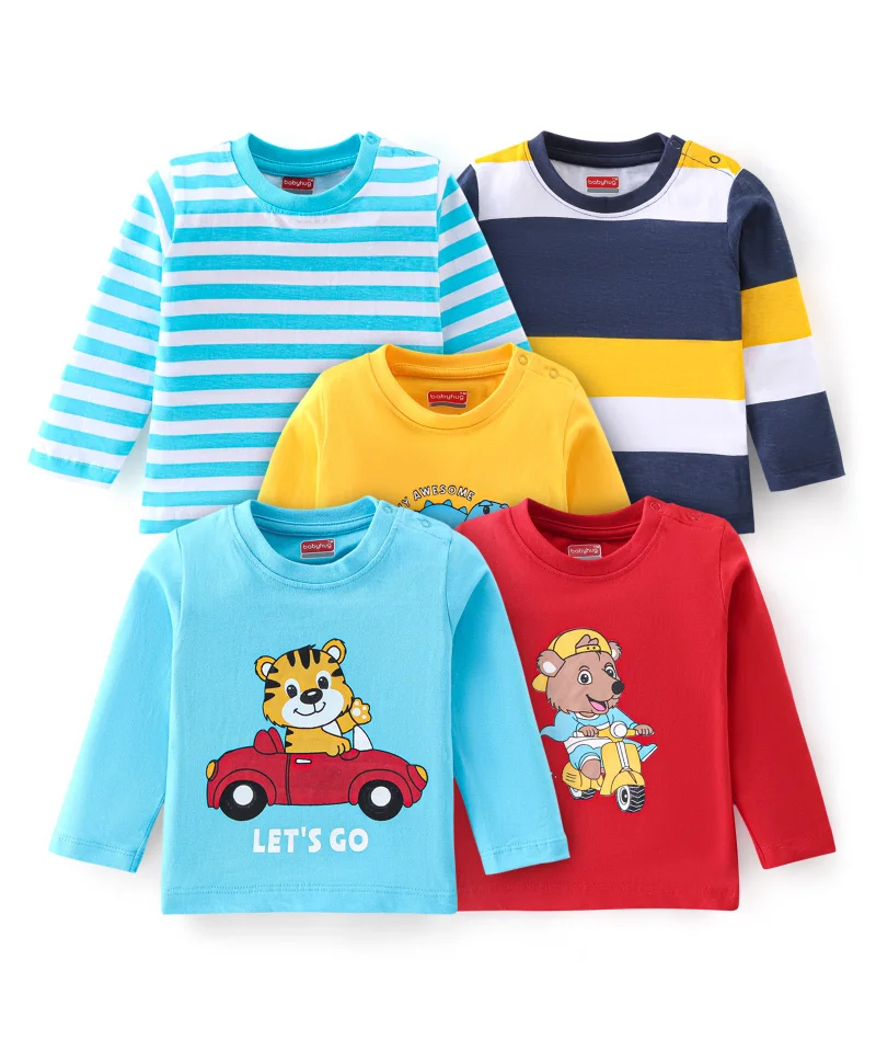 babyhug Babyhug Cotton Knti Full Sleeves T-Shirts Striped & Tiger Printed Pack of 5 - Blue Red & Yellow