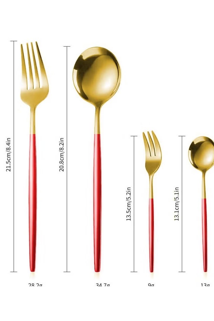 24 -Piece of Golden Steel Dinnerware Fork,Spoon Cutlery Set Gold/Red - Image 2