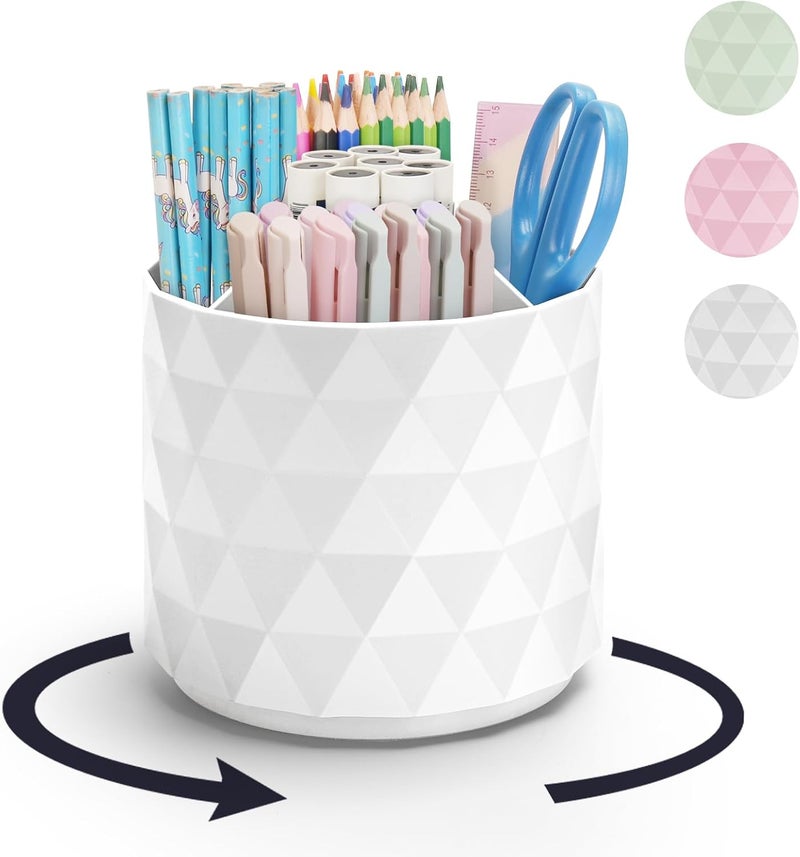minimaliving Desk Organizer,Sparkling Diamond-like Pen Holder for Desk 360°Rotating Office Desk Accessories,Pencil Cup with 5 Compartments Storage Box Caddy for Office,School,Home,Art Supply(White) - Image 1