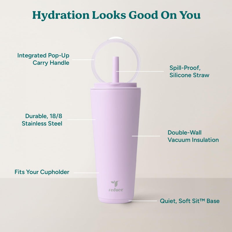 REDUCE Halo 32 oz Stainless Steel Vacuum Insulated Tumbler - Spill Proof Travel Mug with Flip Handle Lid - Keeps Drinks Cold for 32 Hrs - Dishwasher Safe - Cupholder Friendly - Lilac Bud - Image 4