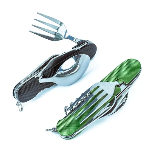 Excadrill 4 in1 Function Eating Utensil Stainless Steel Multi-Tool Camping Folding Pocket Fork Spoon Set (Multicolor) - Image 1