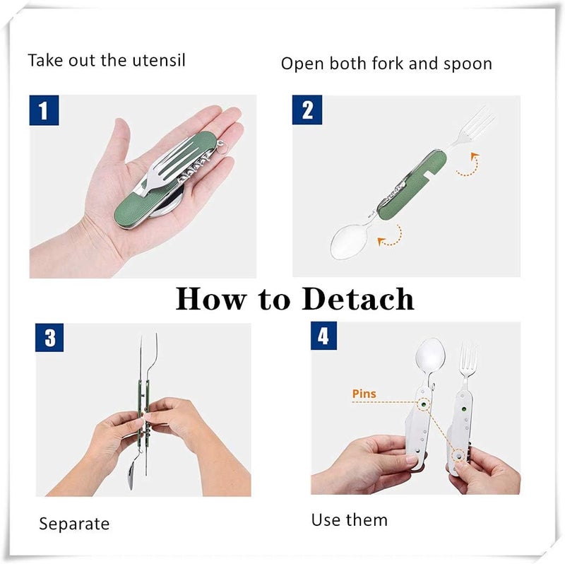 Excadrill 4 in1 Function Eating Utensil Stainless Steel Multi-Tool Camping Folding Pocket Fork Spoon Set (Multicolor) - Image 5