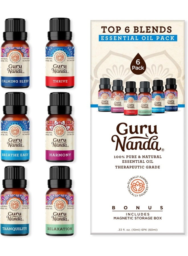 GuruNanda مجموعة زيوت عطرية مكونة من 6 خلطات من GuruNanda - زيت نقي وطبيعي 100% من الدرجة العلاجية لاستخدامه في موزع العطور - Image 1