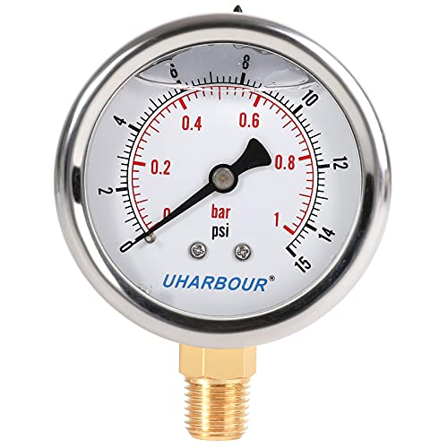 UHARBOUR Glycerin Filled Low Pressure Gauge 15psi/1bar, Stainless Steel case, Brass Inside Construction, 2-1/2" dial, 1/4" NPT Rear Connection. - Image 1