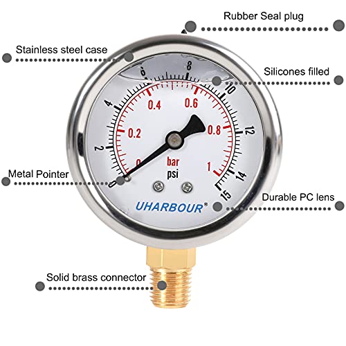 UHARBOUR Glycerin Filled Low Pressure Gauge 15psi/1bar, Stainless Steel case, Brass Inside Construction, 2-1/2" dial, 1/4" NPT Rear Connection. - Image 4