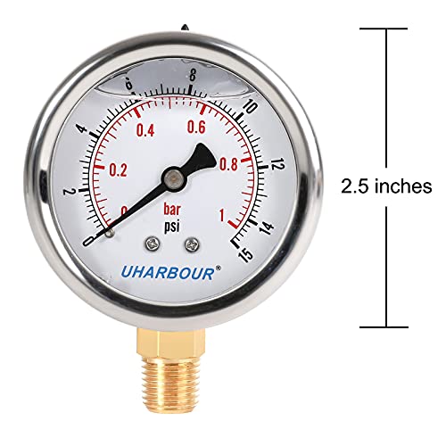UHARBOUR Glycerin Filled Low Pressure Gauge 15psi/1bar, Stainless Steel case, Brass Inside Construction, 2-1/2" dial, 1/4" NPT Rear Connection. - Image 3
