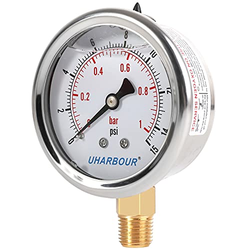 UHARBOUR Glycerin Filled Low Pressure Gauge 15psi/1bar, Stainless Steel case, Brass Inside Construction, 2-1/2" dial, 1/4" NPT Rear Connection. - Image 2