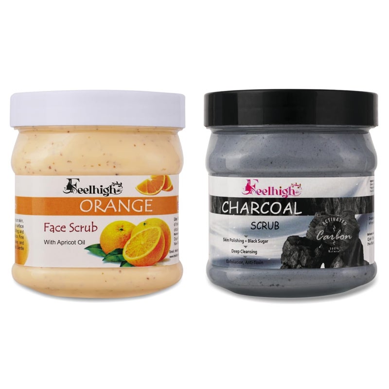 FEELHIGH Face  Body Orange scrub enriched with Orange peel extract smooth the skin 500ml  Charcoal Face Scrub enriched with charcoal Extract helps to deep cleansing scrub 500ml for Man  Woman - Image 1
