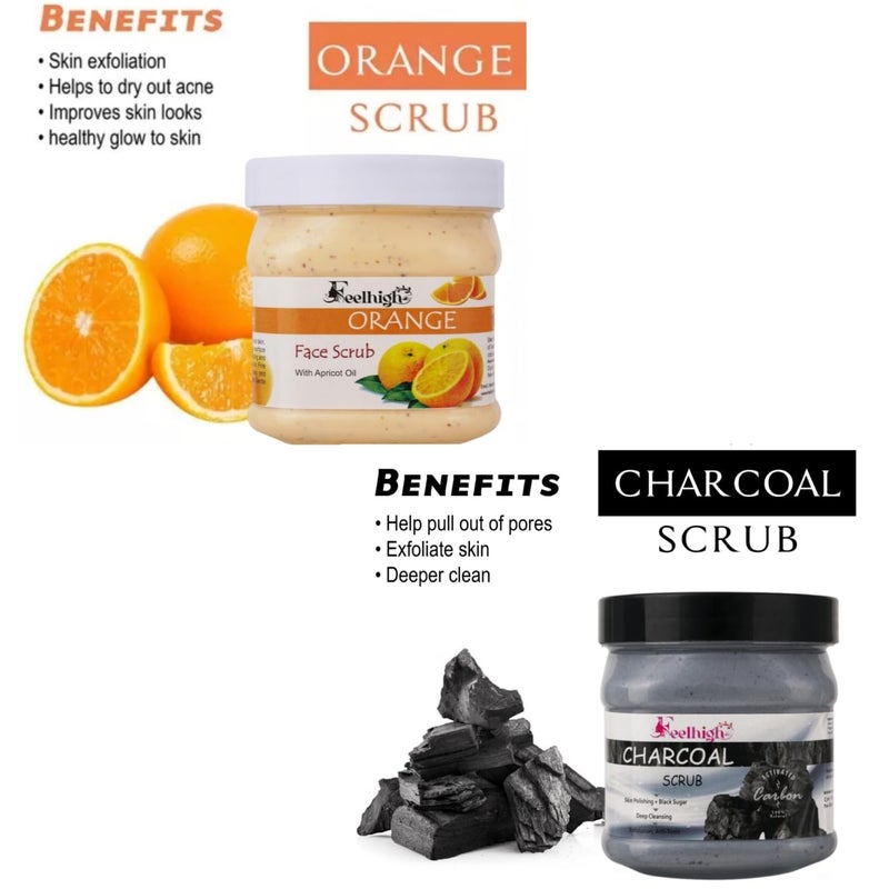 FEELHIGH Face  Body Orange scrub enriched with Orange peel extract smooth the skin 500ml  Charcoal Face Scrub enriched with charcoal Extract helps to deep cleansing scrub 500ml for Man  Woman - Image 2